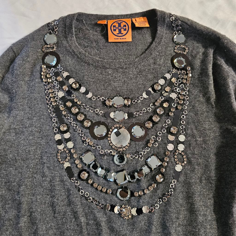 Tory Burch Gray Cashmere Embellished Crew Neck Sweater Small - Picture 3 of 7
